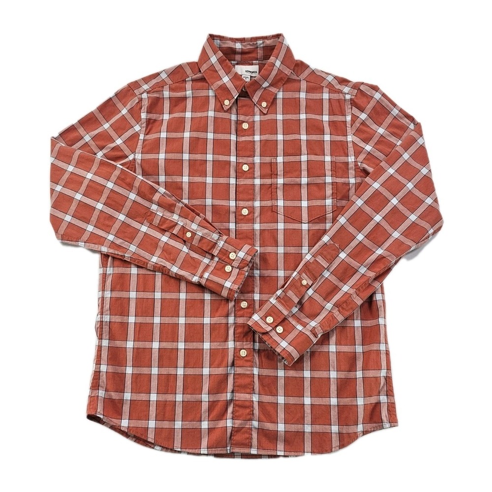 Sonoma Men's Button Up S Plaid Modern Fit Stretch Casual Shirt Red Orange Rust